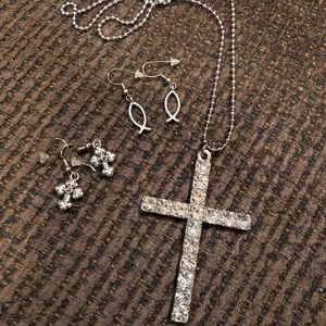Cross necklace and 2 pr of earrings